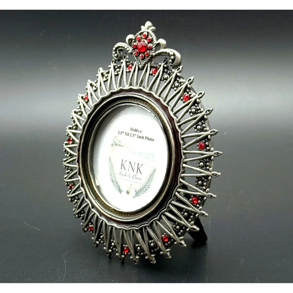 Jeweled Crown Picture Frame Silver Tone Red‎ Rhinestone Coastal Glam 2.5